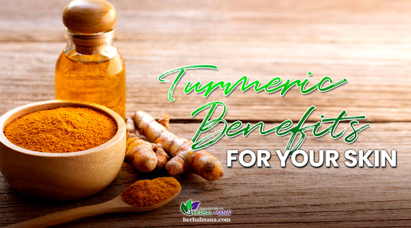 6 turmeric benefits for skin that might surprise you turmeric powder in wooden spoon and bowl root essential oil on a wooden table green and white text