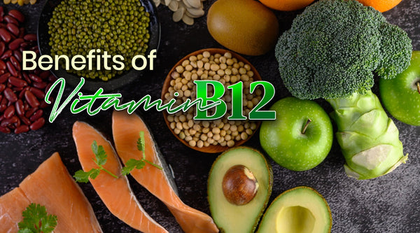 What are the Health Benefits of Vitamin B12 green text over fruits and vegetables and fish