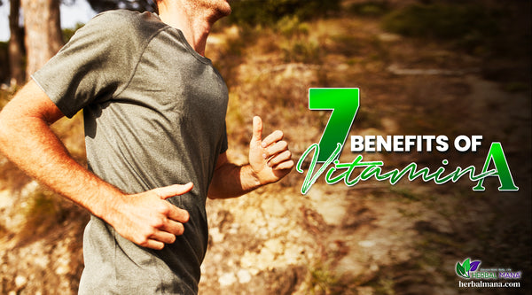 7 Benefits of Vitamin A man in gray shirt running outside green and white text
