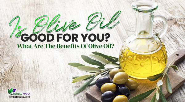is olive oil good for you what are the benefits of olive oil olive oil in a glass pitcher sitting on a wooden cutting board with black and green olives olive branches as decoration wood table green and black text