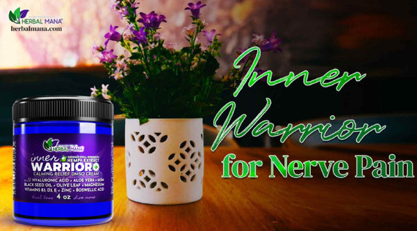 inner warrior for nerve pain jar sitting on table next to small purple flowers in vase close up