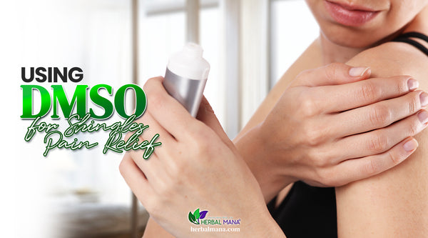 Using DMSO for Shingles Pain Relief woman rubbing DMSO on shoulder white background green text