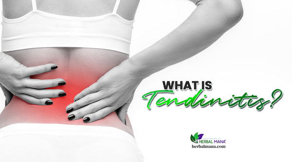 what is tendinitis tendinitis symptoms causes how to treat tendinitis naturally woman holding bare back in pain with black finger nails monochromatic black green text white background