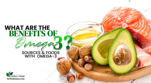 what are the benefits of omega 3 how much omega 3 per day should i take sources of omega 3 foods with omega 3 fish oil walnuts sitting on a wooden cutting board on white wood table white background green and black text overlay