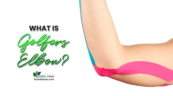 what is golfers elbow cause symptoms of golfers elbow natural treatments for golfers elbow woman with blue and pink sports tape on her elbow for golfers elbow white background with black and green text