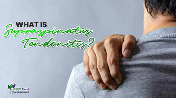 what is supraspinatus tendonitis symptoms treatment natural remedies for supraspinatus tendonitis man with black hair wearing gray shirt holding his shoulder in pain gray background green and black text