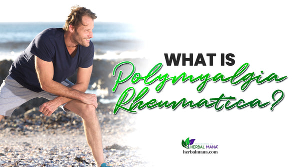 what is polymyalgia rheumatica causes symptoms of polymyalgia rheumatica and natural treatment for polymyalgia rheumatica man in blue shirt grey shorts stretching on near the beach ocean smiling green and black text