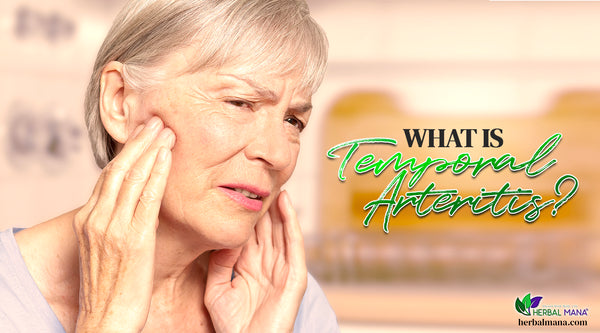 what is temporal arteritis symptoms of temporal arteritis treatment for temporal arteritis elderly woman holding her temples in pain wearing light purple shirt light blurred background green and black text