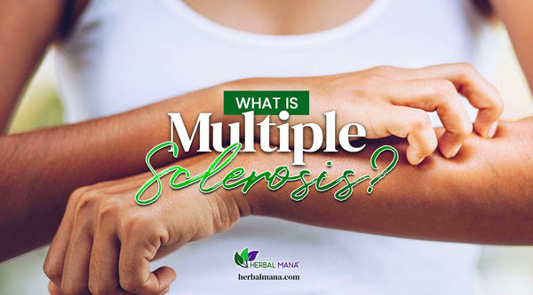 What is Multiple Sclerosis person wearing white shirt itching their arm close up white green text overlay