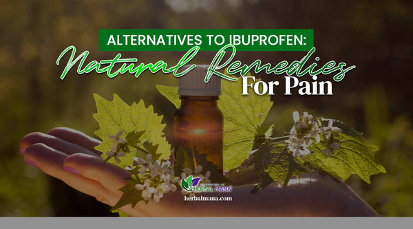 alternatives to ibuprofen natural remedies for pain close up of essential oil in amber glass with leaves and flowers behind