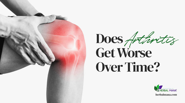 does arthritis get worse over time person holding their knee in pain red pain orb xray on knee white background