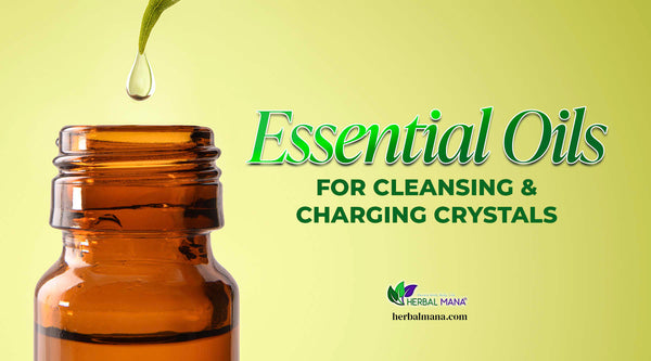 essential oils for cleansing charging crystals amber glass essential oil bottle close up on yellow background