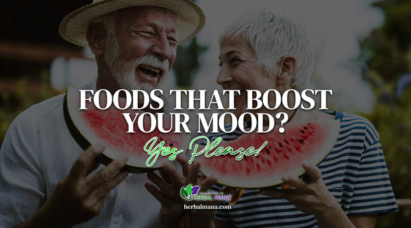 foods that boost your mood yes please elderly couple eating watermelon with big smiles white green text overlay