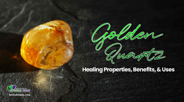 golden quartz healing properties benefits uses close up of tumbled golden healers quartz on black background