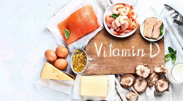 healthy foods with vitamin d, salmon, fish, eggs, cheese, shrimp, mushrooms
