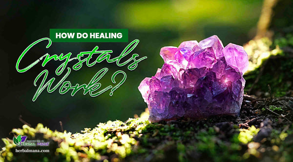 how do healing crystals work amethyst cluster sitting on mossy ground close up blurred background