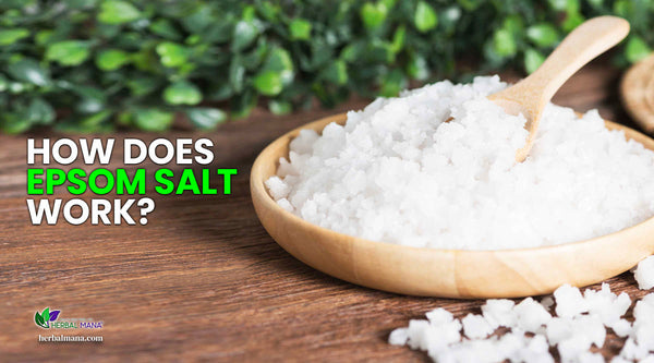 how does epsom salt work epsom salt in a wooden bowl on table close up with text overlay