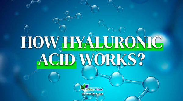 how hyaluronic acid works chemical structure of HA on blue gradient background with text overlay