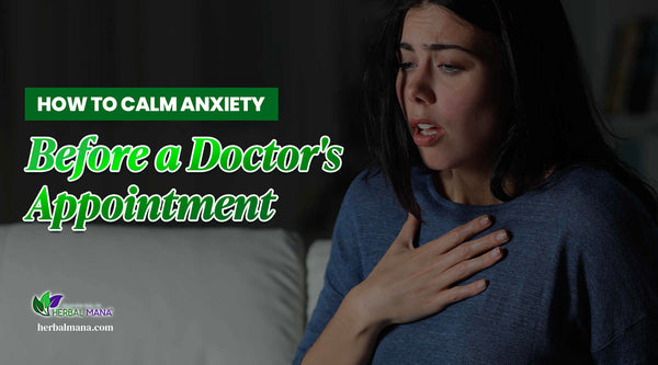 how to calm anxiety before a doctors appointment woman with anxiety dark tint with green text overlay