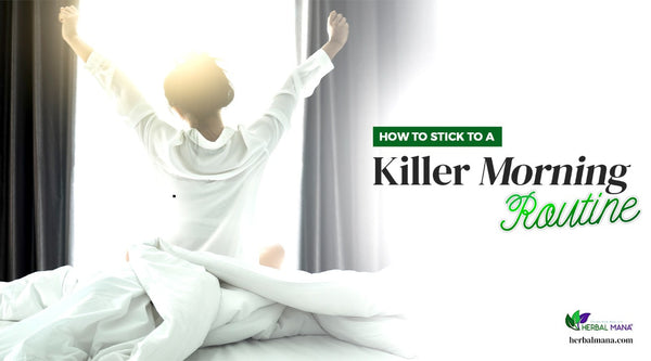 how to stick to a killer morning routine woman stretching first thing in the morning in sunlight coming through window
