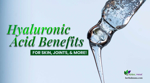 hyaluronic acid benefits for skin joints more close up glass dropper with HA green text white background