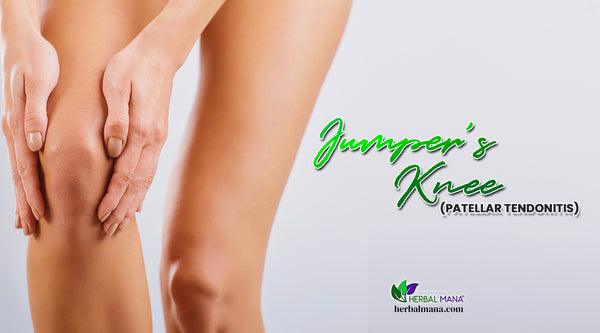 patellar tendonitis jumpers knee symptoms of patellar tendonitis natural treatment for patellar tendonitis woman holding her knee in pain gray background green and black text