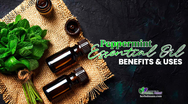 Peppermint Essential Oil Benefits Uses Amber Glass Dropper Bottles On Straw Placemat