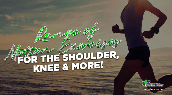 range of motion exercises for the shoulder knee more woman running on the beach green and white text overlay