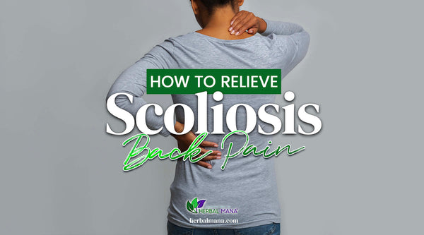 scoliosis back pain how to relieve it woman holding her back in pain white background green text overlay