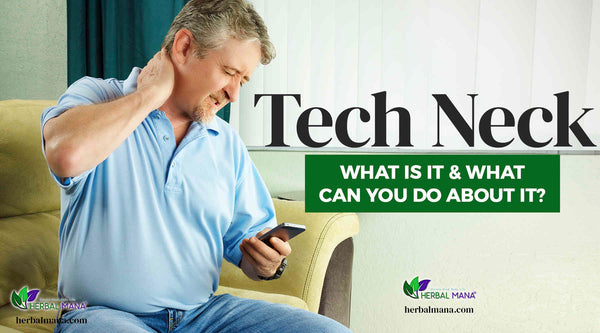 tech neck what is it what can you do about it man looking down at phone holding his neck in pain