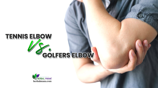 tennis elbow vs golfers elbow natural remedies for elbow pain from tennis golfers elbow man wearing blue shirt holding his elbow in pain white background with black and green text