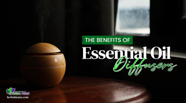 the benefits of an essential oil diffusers diffuser in a dark room powered on green white text overlay
