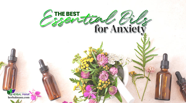 the best essential oils for anxiety amber glass dropper bottles and flowers with mortar and pestle close up from above