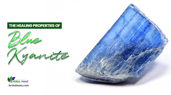 the healing properties of blue kyanite piece of raw kyanite sitting on white background close up green text overlay