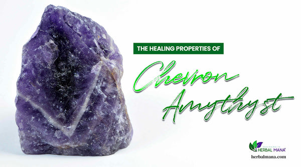 the healing properties of chevron amethyst close up of raw chevron amethyst on white background green text