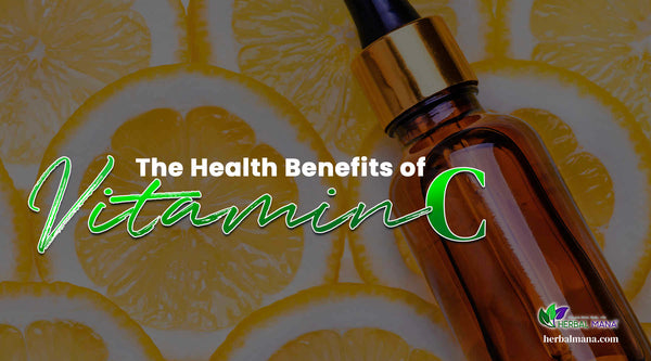 the health benefits of vitamin c lemon slices with amber glass essential oil bottle on top close up with green white text overlay