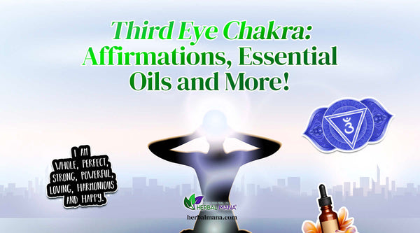 third eye chakra affirmations essential oils graphic of glowing third eye with cut outs of article highlights