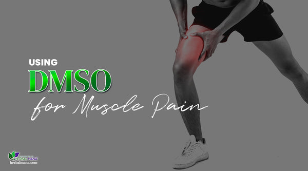 using dmso for muscle pain relief man person holding thigh in pain with red pain orb wearing athletic gym shorts gray filter white and green text overlay