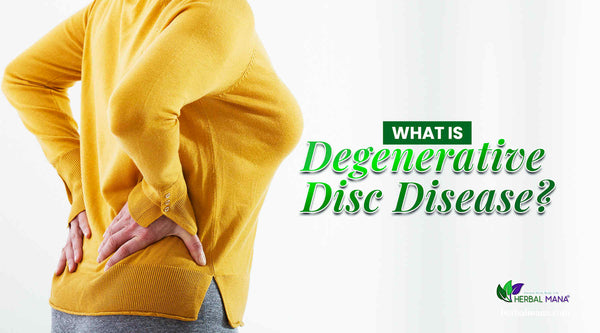what is degenerative disc disease ddd woman in yellow sweater holding her lower back in pain close up green text white background