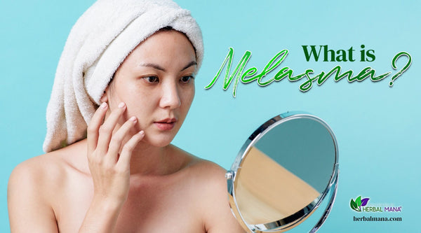 what is melasma woman looking at herself in the mirror close up blue background