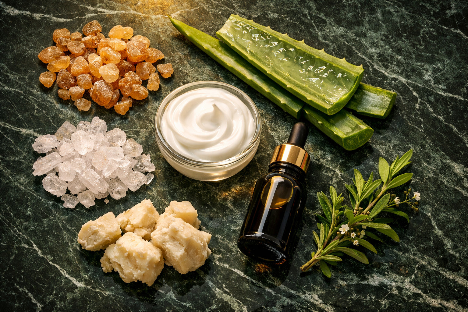 Natural ingredients: frankincense resin, aloe vera, shea butter, black seed oil